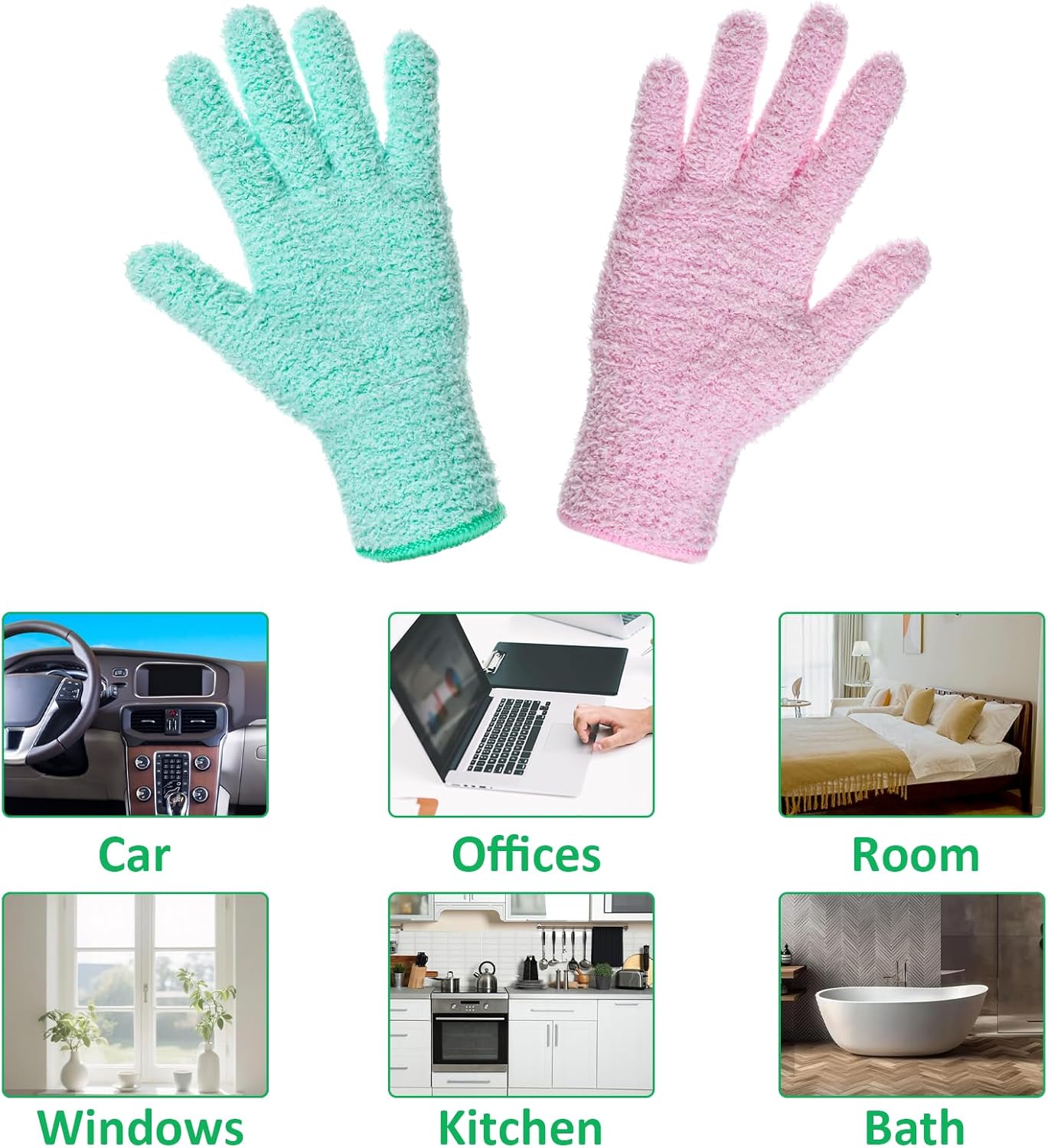 Thinp 2 Pairs Microfiber Dusting Gloves, Reusable Plant Cleaning Gloves-Washable Leaf Cleaning Gloves Gentle Dusting Mitt for Plants House Kitchen Car Blinds Lamps (Pink, Green)