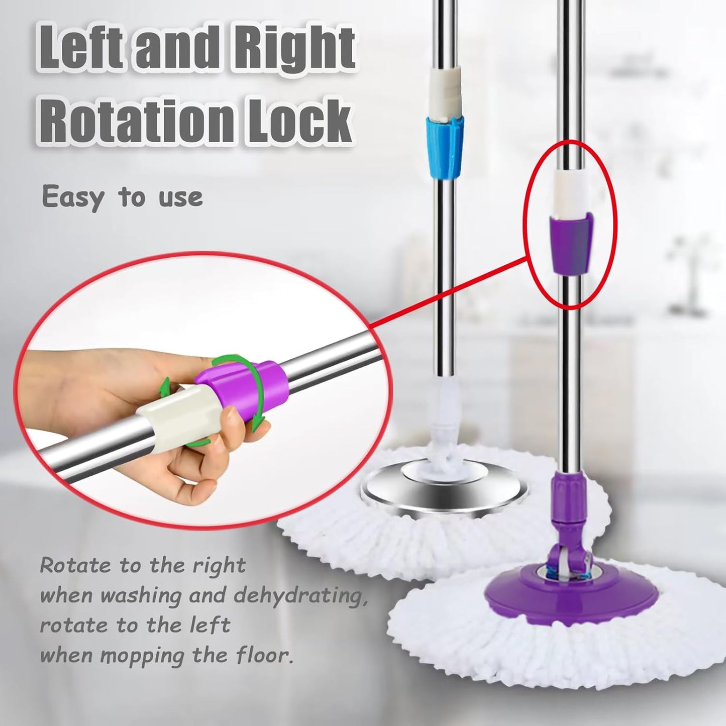Spin Mop Replacement Mop Handle, 49-inch 360 Degrees Rotating Telescopic Replacement Mop Stick with Stainless Steel Disc for Spin Mop Bucket Cleaning System (Stainless Steel Disc, Red)