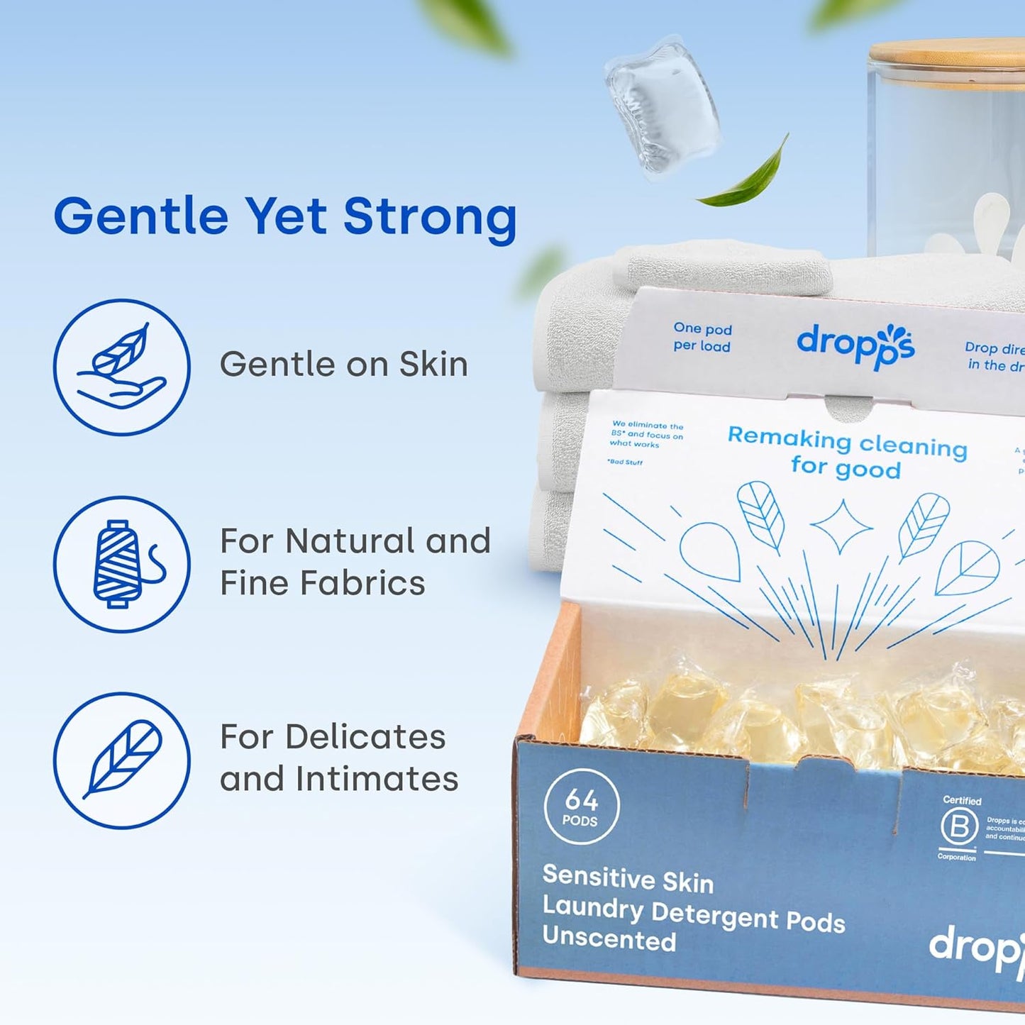 Dropps Sensitive Skin Laundry Detergent Pods, Unscented (36 Ct) - Hypoallergenic & Dermatologist Tested | Free & Clear | Laundry Pods for Sensitive Skin | Clean Ingredients | Plastic Free Packaging