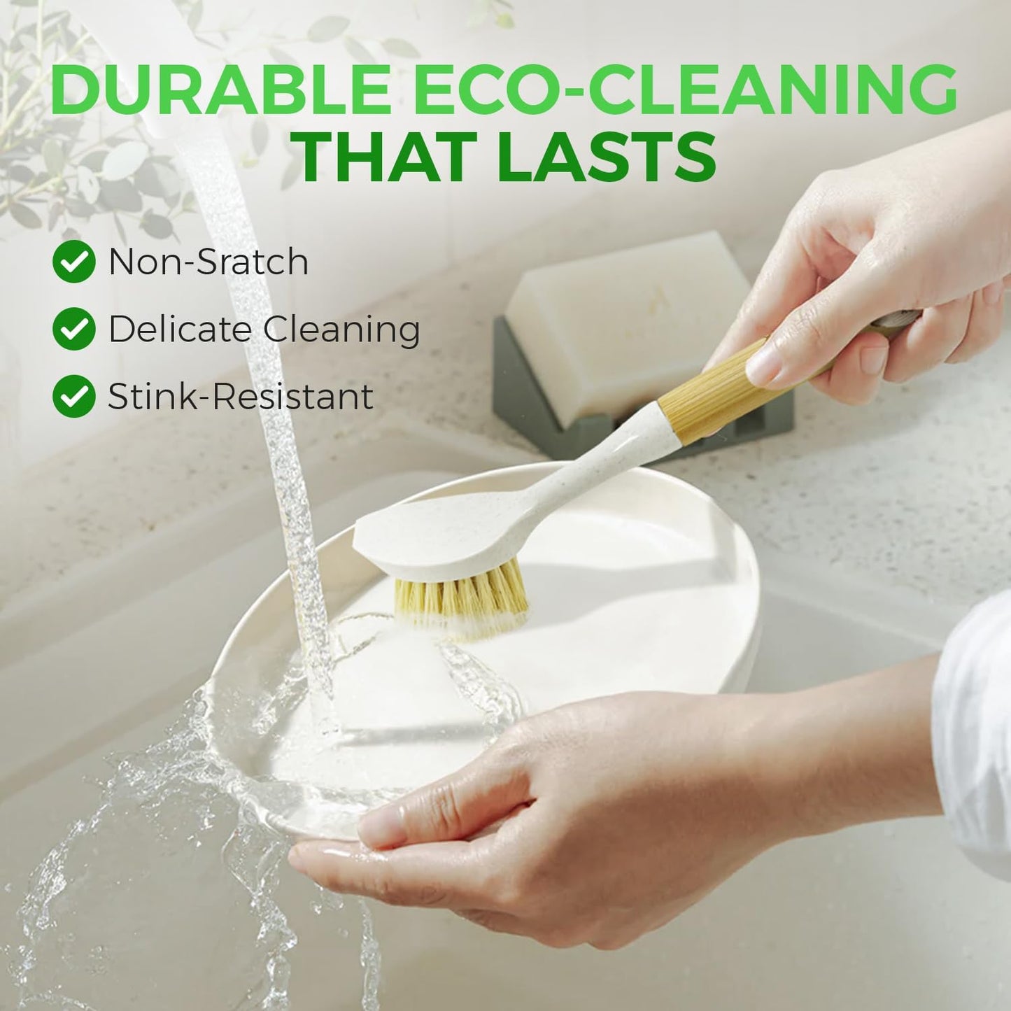 AIRNEX Bamboo Dish Brush Set of 2 - Dishwasher Brush w/Handle Made of Wheat Straw & Sisal Bristles - Non Scratch Kitchen Scrub Brush for Dishes, Pots & Pans - Dish Scrubber w/Plastic Free Bristles