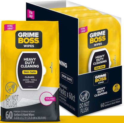 Grime Boss Heavy Duty Surface and Hand Wipes (2x60ct) | Remove Paint, Oil, Grease, Adhesives, Mud, Dirt | Workshop Replace Cleaners like Rags, Towels, Pumice, Soap
