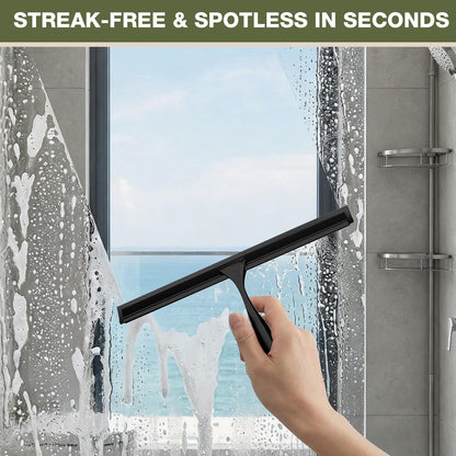 FARMER Shower Squeegee for Glass Doors, 10-Inch Glass Squeegee for Windows, Car Glass and Mirrors, Multi-Purpose Stainless Steel Squeegee with Suction Wall Hook and Over Door Hook, Silver