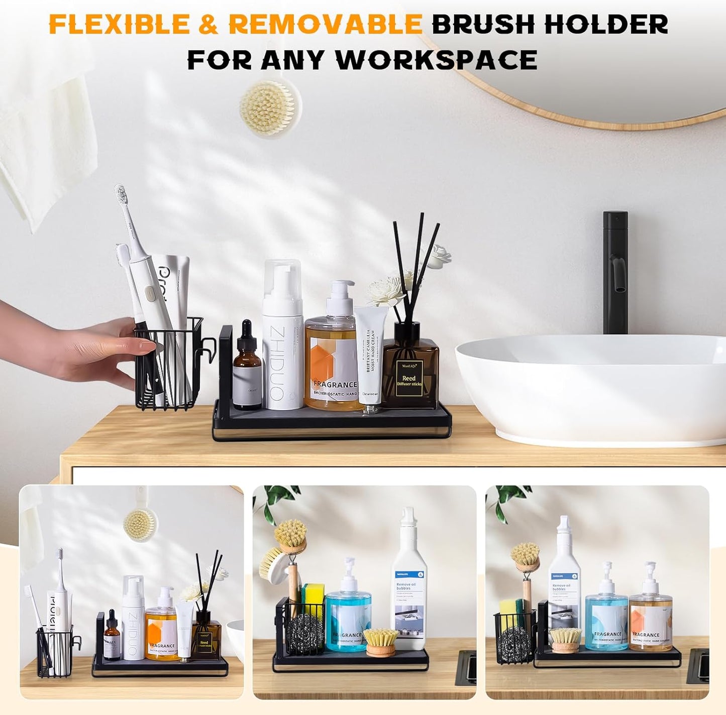 KONE Kitchen Sink Caddy: Sponge Holder for Kitchen Sink Counter with Instant Drying Stone and High Brush Holder, Rustproof Stainless Steel Sponge Holder for Sponges, Scrubbers, Soap (Black)