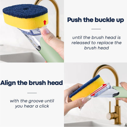 Dish Brush with Soap Dispenser Storage Set with 2 PCS Sponge Refills & Holder, Soap Dispensing Dish Brushes, Sponge with Soap Dispenser Handle, Dish Sponges with Handle for Dishes Pans Pots Sink