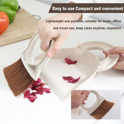 Round Handle Brush and Dustpan Set Small Broom & Dustpan Portable Handheld Sweeper for Desktop Sofa Floor Pet Nest (Off White)
