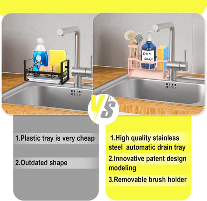 Fssvcd Maifan Sink Caddy Sponge Holder for Kitchen with Brush Holder and Stainless Steel Self Drain Tray, Rustproof Kitchen Sink Organizer for Sponge, Soap Dispenser Storage Accessories