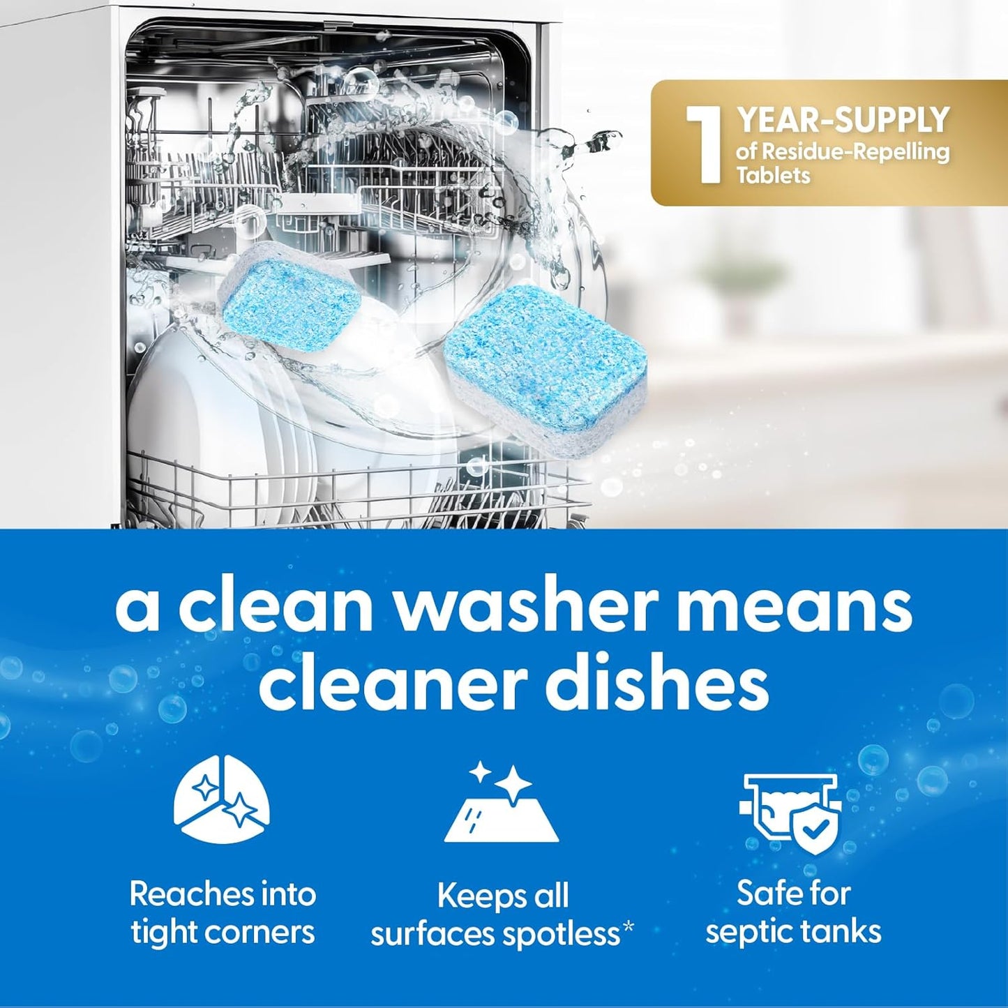 Dishwasher Cleaner & Deodorizer Tablets, Fights Grime, Grease, Limescale, Residue & Odor, Heavy Duty Cleaning Descaler Pods, Septic Safe, 24 Fresh Apple Scented Tablets, 1-Year Supply, by M3
