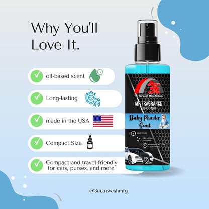 3E Air Freshener Baby Powder Scent and Odor Eliminator Premium Smell Fragrance Premium Smell Great for Cars, Trucks, SUVs, RVs, Home, Office, Dorm Room & More, 4oz