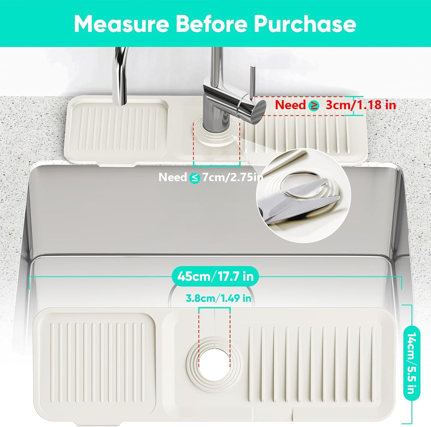 24 Inch Longer Faucet Mat for Kitchen Sink, 5° Slope Fast Self-draining, Kitchen Sink Splash Guard Silicone Sink Faucet Mat Splash Guard Kitchen Sink Area Tidy Splash Faucet Guard Draining Mat