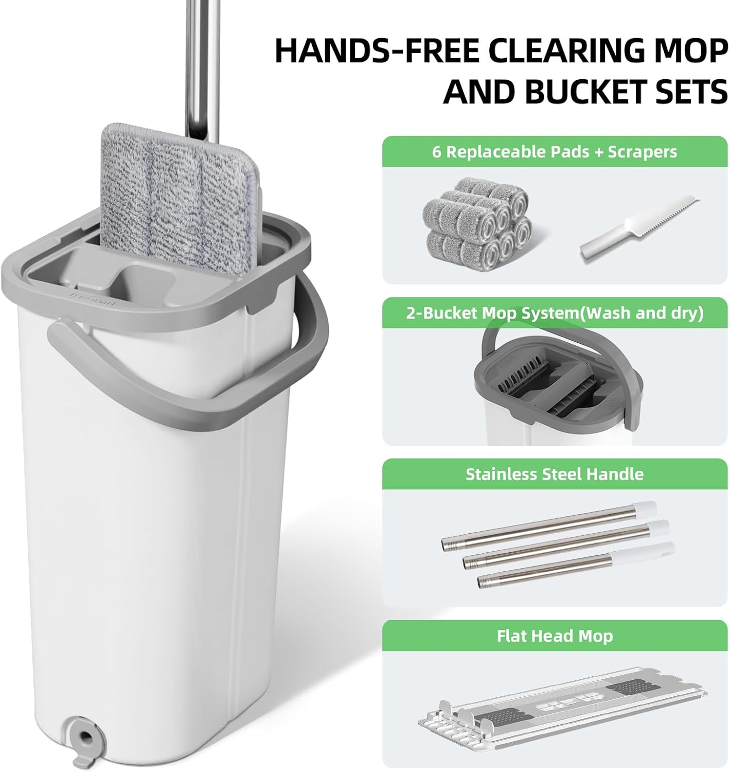 Mop and Bucket Set: 360° Flat Squeeze Mop with Long Handle & Wringer Bucket, 6 Washable Microfiber Pads for Kitchen, Bathroom, Wall Cleaning, Wet Dry Use, Lovely Gift for Women