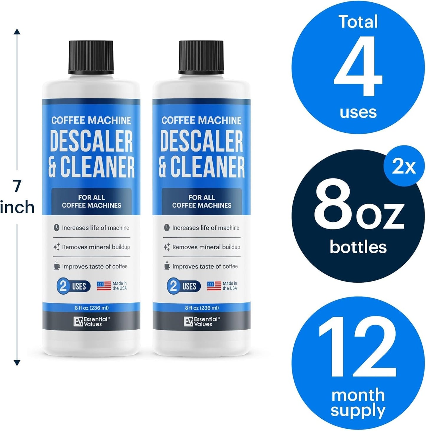 Essential Values Descaling Solution (8 fl oz / 236 ml) – Coffee Maker Cleaner for Nespresso, Keurig, Breville & More – Works on All Machines & Espresso Makers – Made in USA