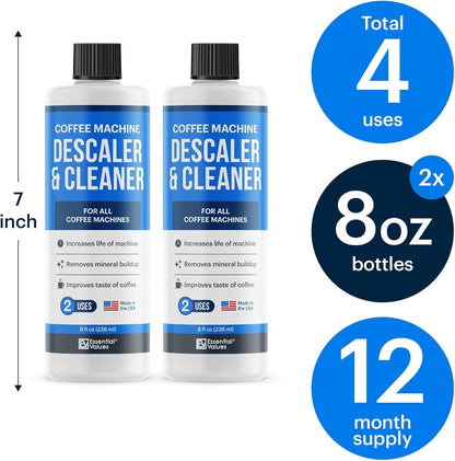 Essential Values Descaling Solution (8 fl oz / 236 ml) – Coffee Maker Cleaner for Nespresso, Keurig, Breville & More – Works on All Machines & Espresso Makers – Made in USA