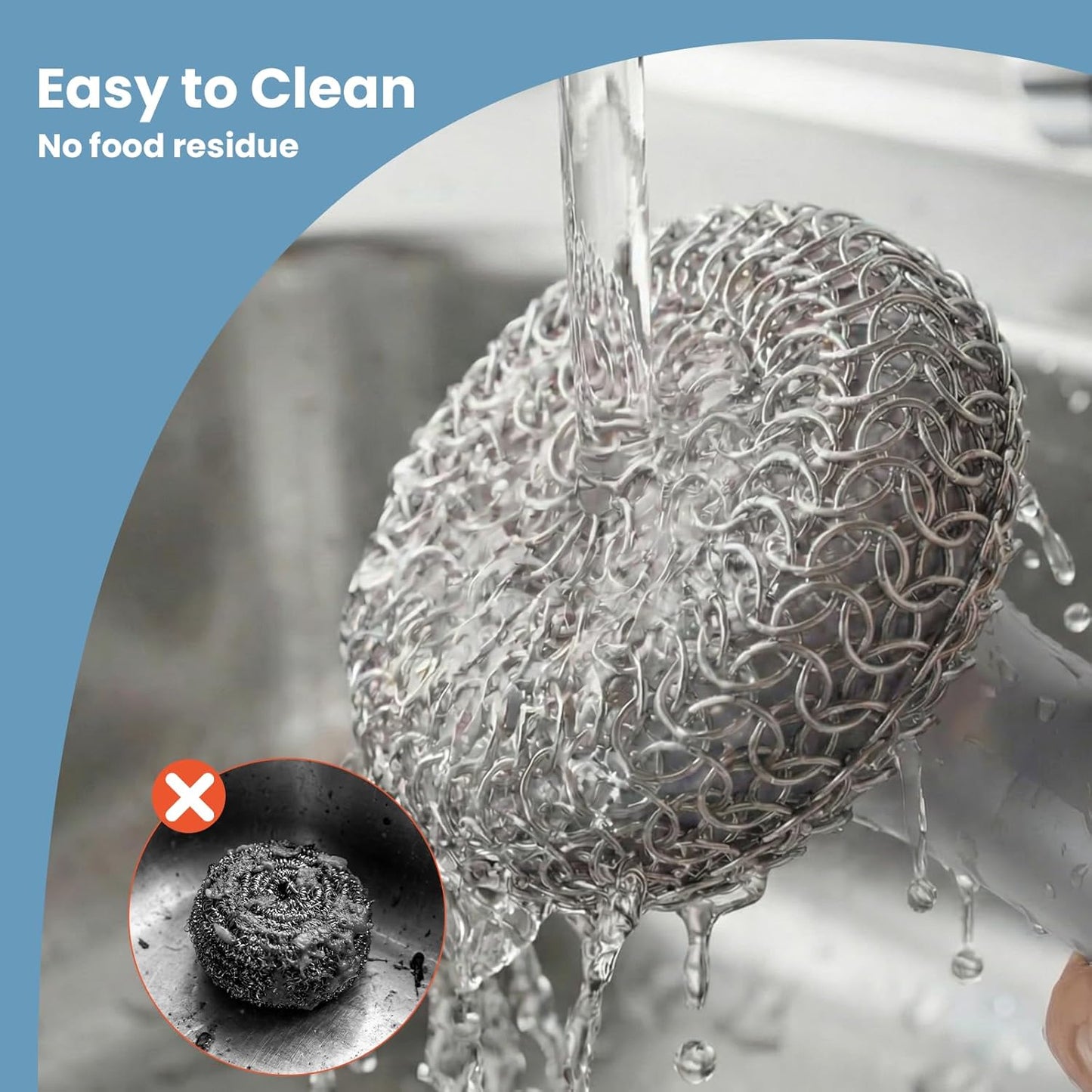 Cast Iron Scrubber with Long Handle | 316 Cast Iron Cleaner Chainmail Scrubber for Pan Skillet Cleaner - Dish Scouring Pad Dishwasher Safe Cleaning Kit (Blue, 1 Scrubber + 1 Scraper)