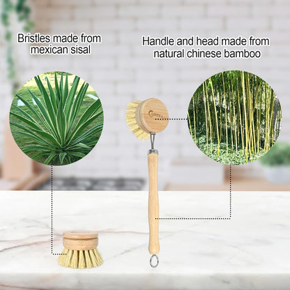 Bamboo Dish Brush with Handle - Soft Bristle, Non Toxic Dish Scrubber Compostable & Sustainable Bamboo Scrub Brush for Dishes, Pots and Pans