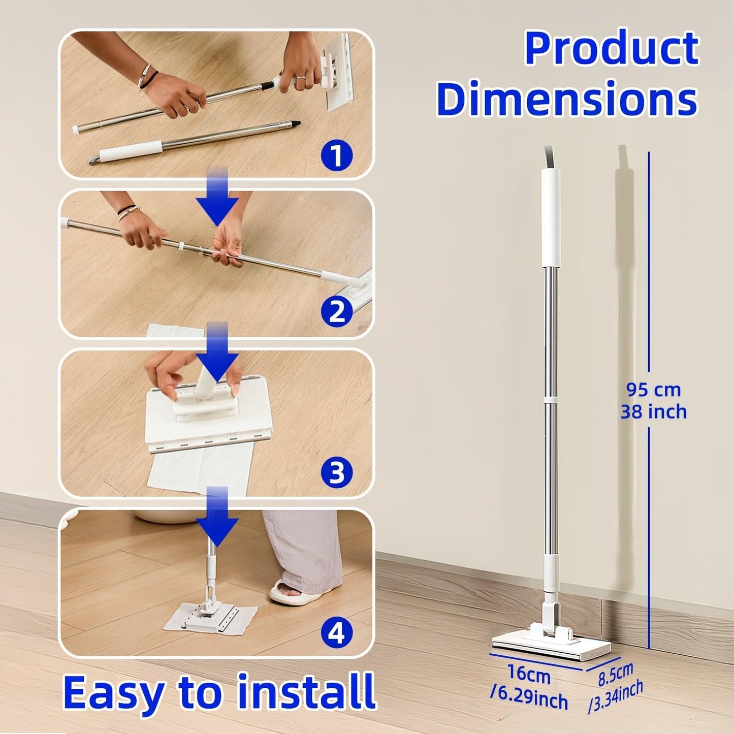 Snap-Grip Mini Mop with 39in Handle — INWEJIA Zero-Touch Gap Dust Cleaner & Locking Head, Disposable Lazy Mop Wet and Dry for Kitchen Bathroom Toilet Corners Window Wall Cleaning