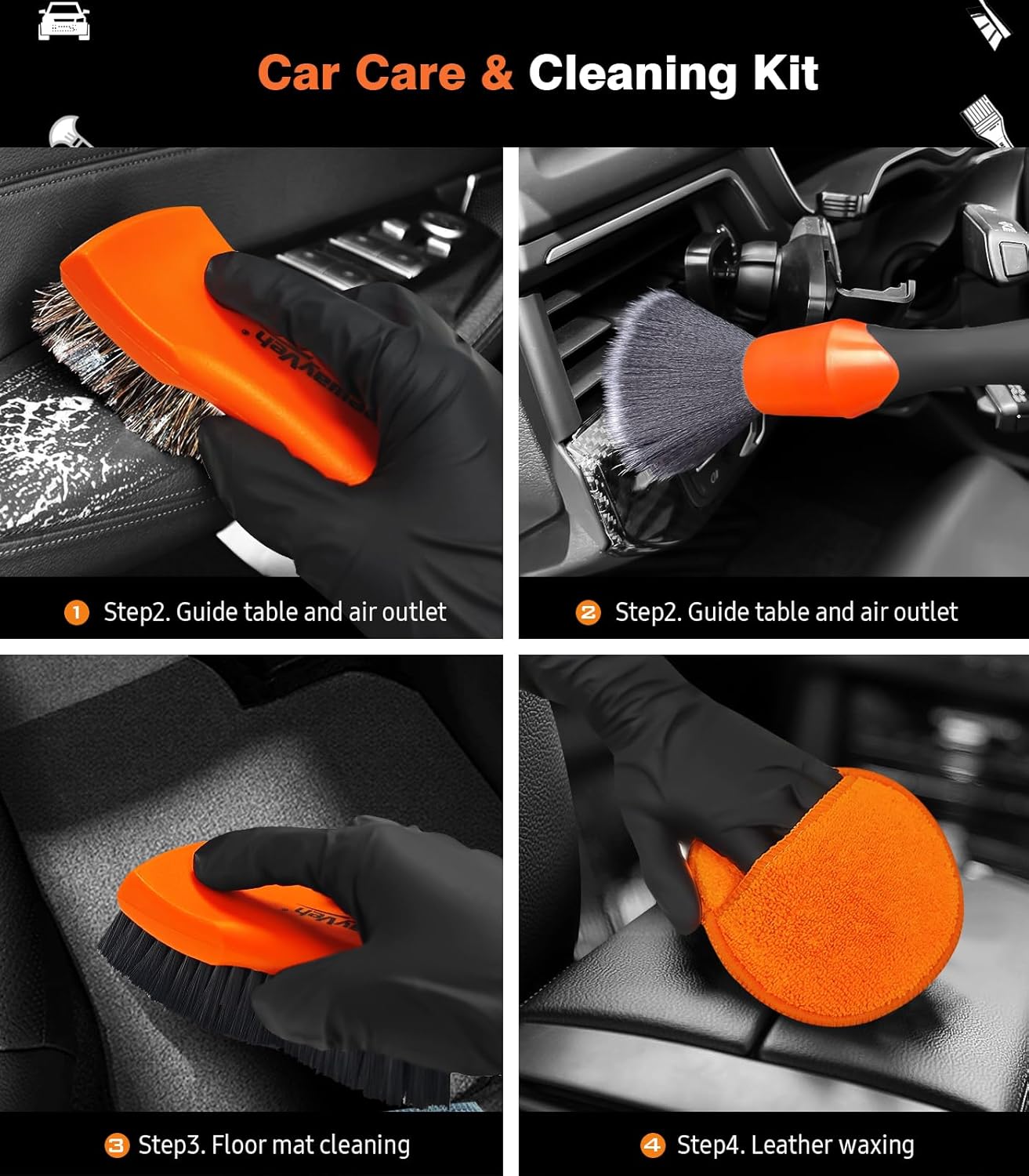 YeewayVeh 3pcs Car Detailing Brush Set, Boars Hair Detailing Brushes, Ultra Soft Detail Brush for Air Vent Leather Seat, Scratch Free Car Detailing Brushes for Interior Exterior, Orange