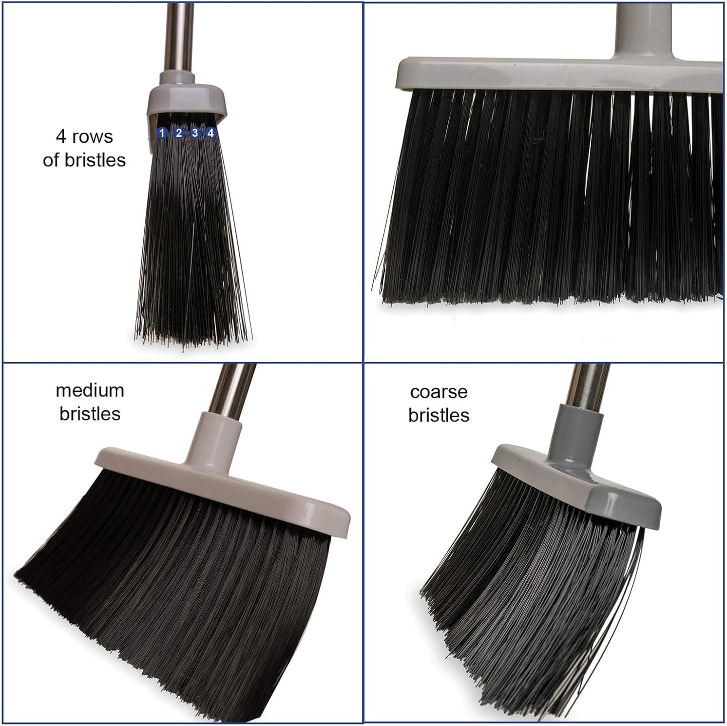 JFB Home Products BristleComb Outdoor Broom & Dustpan Set Upright, 49" Long Adjustable Broom, Long Handle, Self-Cleaning Comb & 2 Interchangeable Heads of Different Stiffness - Medium and Coarse