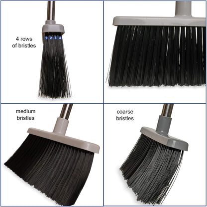 JFB Home Products BristleComb Outdoor Broom & Dustpan Set Upright, 49" Long Adjustable Broom, Long Handle, Self-Cleaning Comb & 2 Interchangeable Heads of Different Stiffness - Medium and Coarse