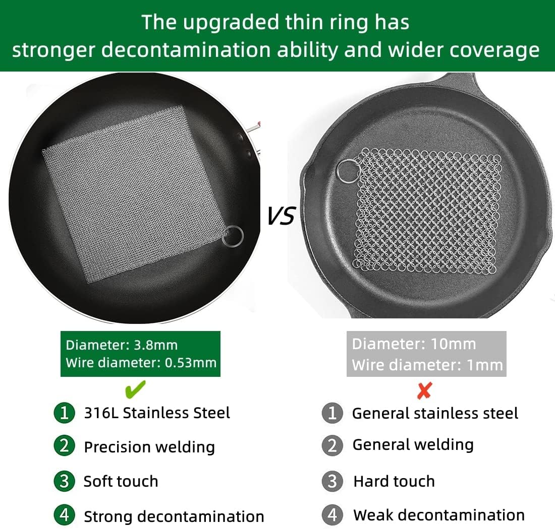 Cast Iron Cleaner and Chainmail Skillet Scrubber - 4''x4'' Upgraded 3.8mm Small Ring, 316L Stainless Steel Fine Rings - Durable Scraper for Skillets, Pans, Griddles & Containers
