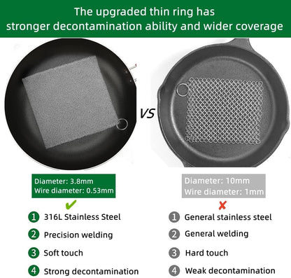Cast Iron Cleaner and Chainmail Skillet Scrubber - 4''x4'' Upgraded 3.8mm Small Ring, 316L Stainless Steel Fine Rings - Durable Scraper for Skillets, Pans, Griddles & Containers