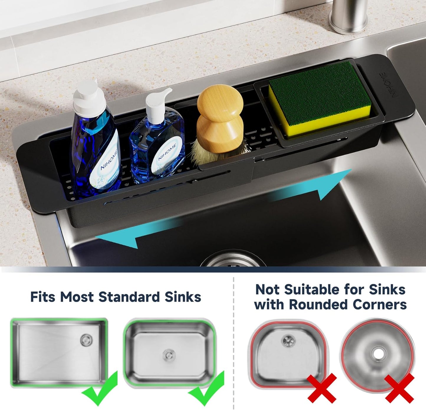 NiHome Extendable Over Sink Kitchen Organizer, Small Telescopic Brush Storage Rack for Sponge, Non-Slip Pads Expandable Sink Caddy, Adjustable Sponge/Brush Rack with Drainage Durable ABS (Black)