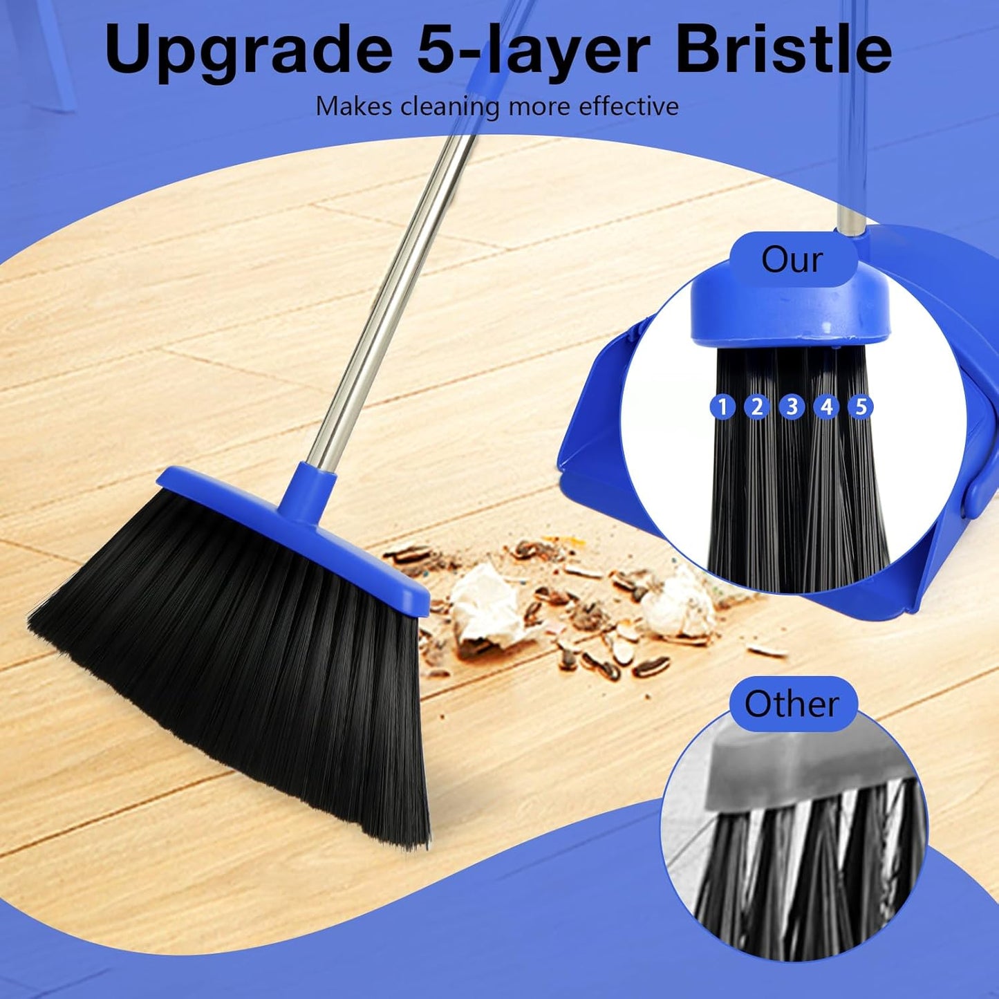 Broom and Dustpan Set with Long Handle, Light Weight Stainless Steel Poles Stand Upright Dustpans with Broom Combo for Home Kitchen Office Pet Dog Hair, Brown & Beige Color, 1-Pack