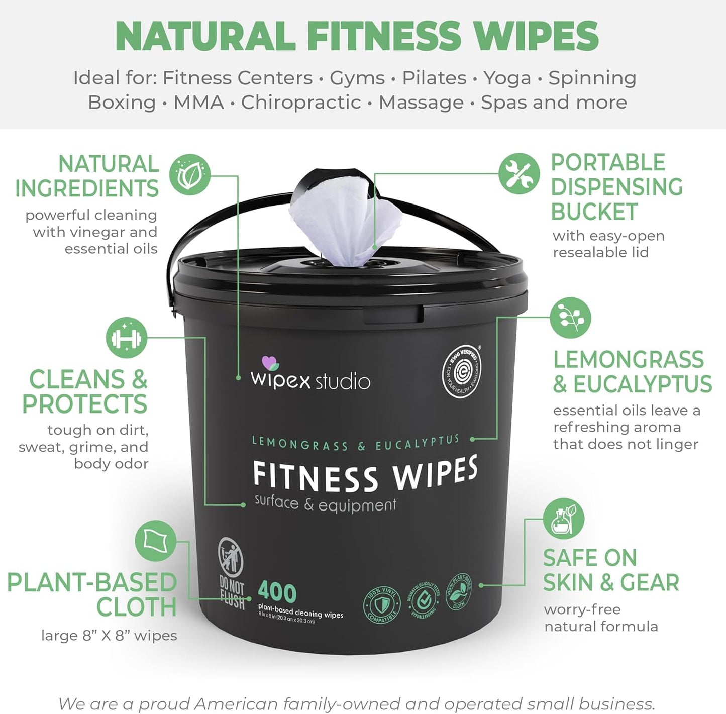 Wipex Gym Wipes Bucket Refill – EWG Verified, 400 Ct Plant-based Fitness Equipment Wipes, Lavender and Vinegar to Clean Surfaces, Safe Yoga Mat Cleaner, Gym Cleaner and Peloton
