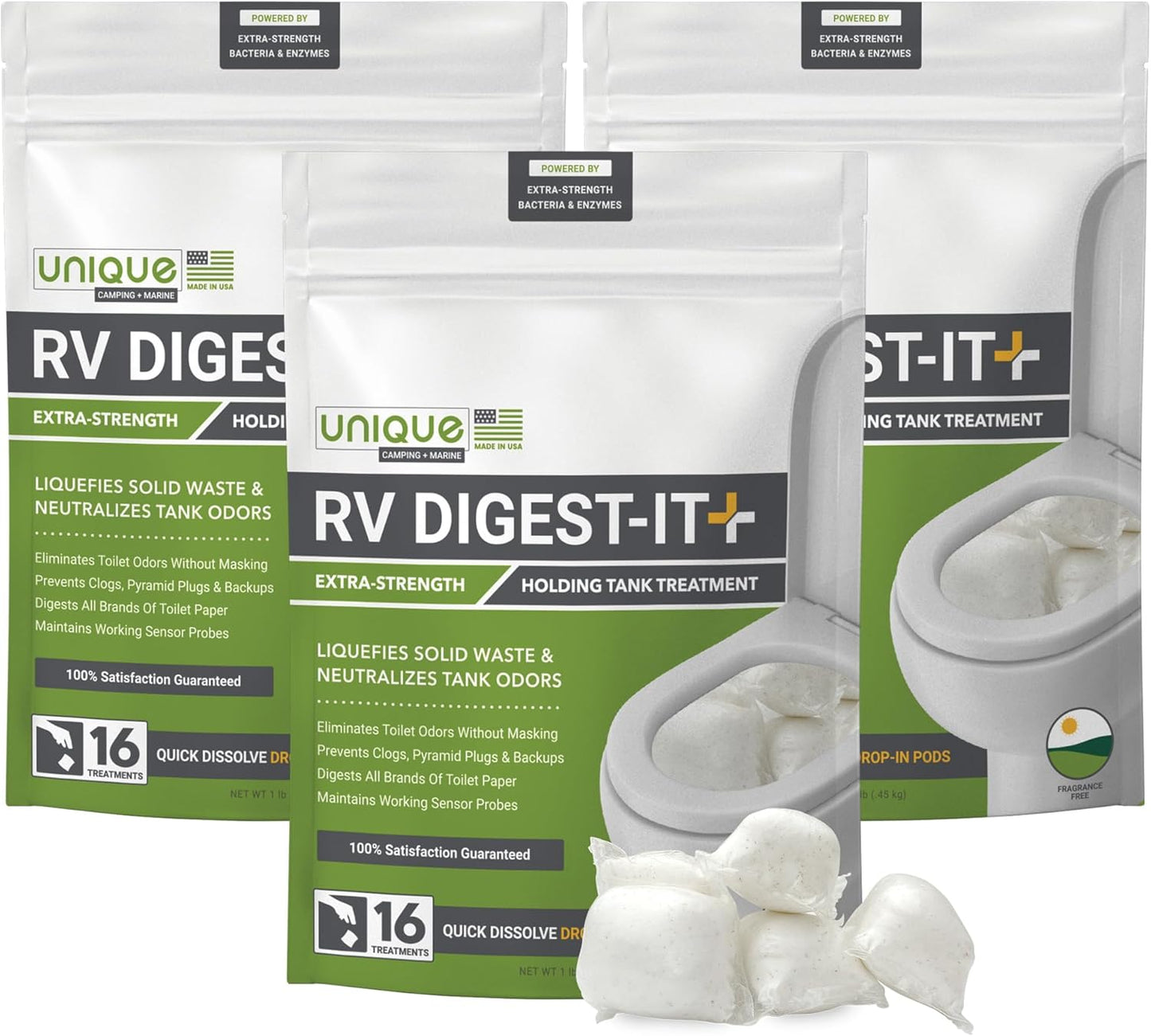 Unique RV Digest-It Plus RV Tank Treatment Pods – 16 Treatments, Breaks Down Waste & Toilet Paper + Eliminates Odors at Source, RV Black Tank Treatment