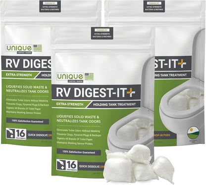 Unique RV Digest-It Plus RV Tank Treatment Pods – 16 Treatments, Breaks Down Waste & Toilet Paper + Eliminates Odors at Source, RV Black Tank Treatment