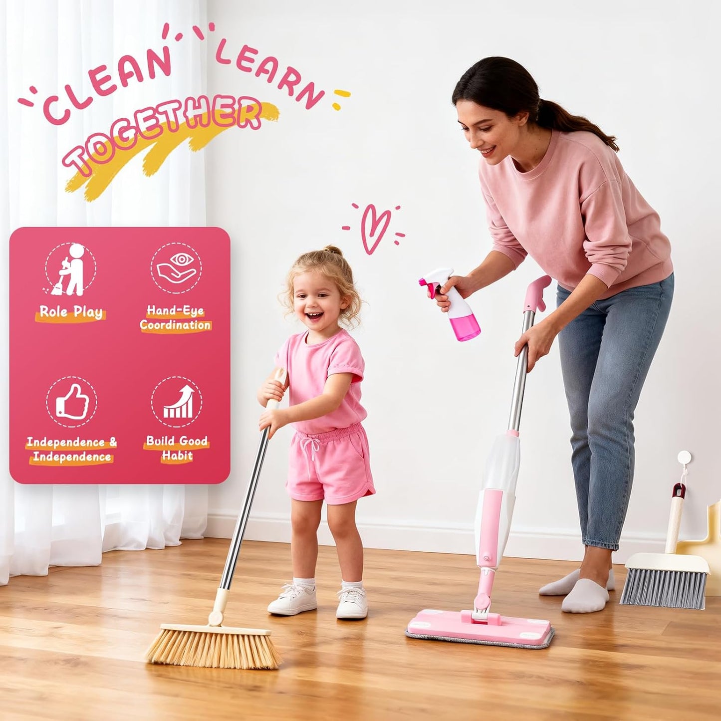 Hilsoeet Kids Spray Mop Pink, Real Working Water-Spraying Toy, Montessori Mini Mop with 2 Microfiber Washable Pads, Toddler Cleaning Set for Floor, Christmas Birthday Gifts for Age 3 4 5 6 7 8
