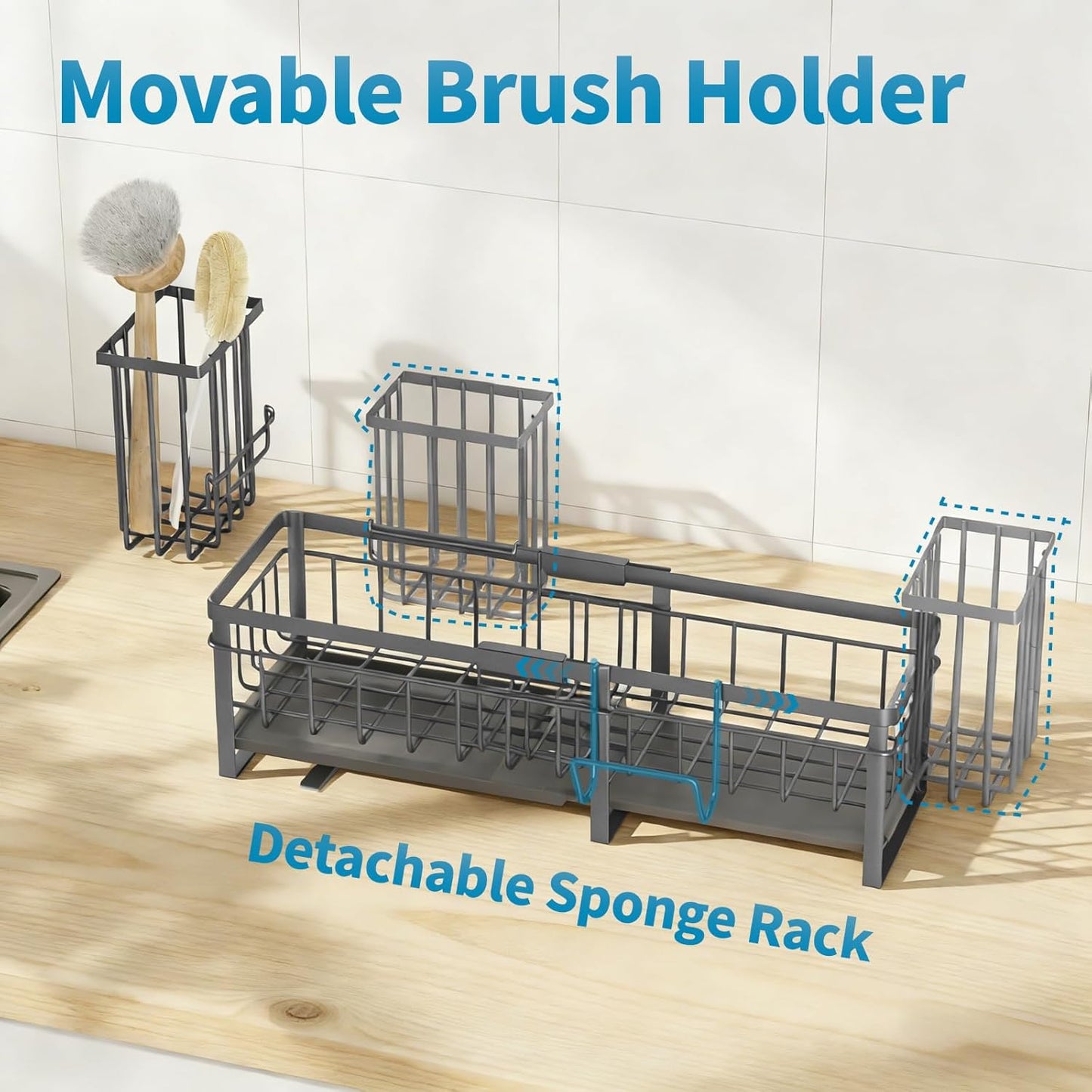 Aurblozen Extra Large Extendable Sponge Holder for Kitchen Sink, Rustproof Sink Caddy Organizer with High Brush Holder, Dish Soap Dispenser Organizers and Storage (Black)
