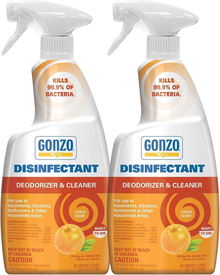 Gonzo Disinfectant Spray & Multipurpose Cleaner - 24 Ounce (2 Pack) Citrus - Odor Eliminator, Disinfectant, Flood Fire Water Damage Restoration