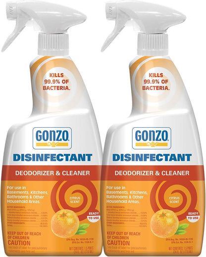 Gonzo Disinfectant Spray & Multipurpose Cleaner - 24 Ounce (2 Pack) Citrus - Odor Eliminator, Disinfectant, Flood Fire Water Damage Restoration