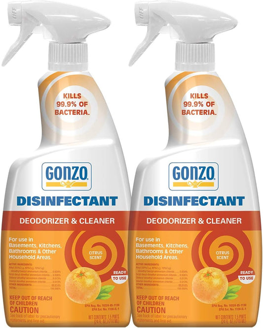 Gonzo Disinfectant Spray & Multipurpose Cleaner - 24 Ounce (2 Pack) Citrus - Odor Eliminator, Disinfectant, Flood Fire Water Damage Restoration