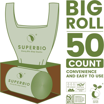 SUPERBIO 13 Gallon Compostable Kitchen Waste Bags with Handles, Food Scrap Bags Certified by BPI, OK compost INDUSTRIAL, 30 Count, 49.2L
