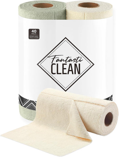 Fantasticlean Kitchen Towels - 40 Sheets - Reusable Washable Dishcloth Rolls, Super Absorbent, Premium Microfiber Cleaning Cloths, 10'' by 10'' (Beige, MossGreen)