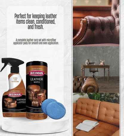 Weiman Leather Cleaner and Conditioner Couch 12 oz Liquid Bundle with Leather Wipes + Microfiber Towel – Cleans, Moisturizes, and Protects Surfaces from UV Damage – Gift Set (3 Items)