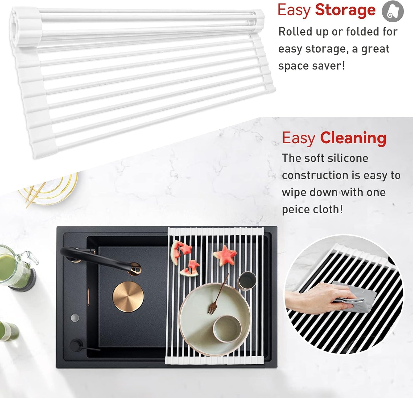 MERRYBOX Triangle Roll Up Dish Drying Rack Over The Sink, 2025 Anti-Rust Sink Drying Rack with Full Silicone Wrapped for Top of Corner, Anti-Slip Organizer for Kitchen