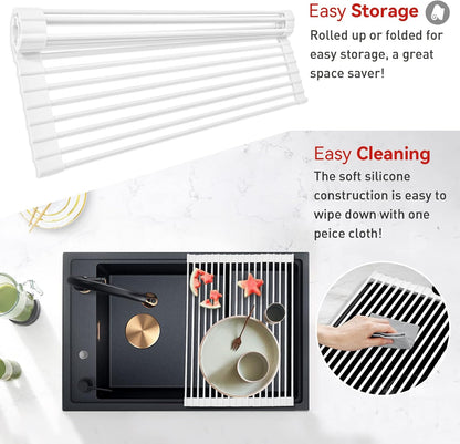 MERRYBOX Triangle Roll Up Dish Drying Rack Over The Sink, 2025 Anti-Rust Sink Drying Rack with Full Silicone Wrapped for Top of Corner, Anti-Slip Organizer for Kitchen