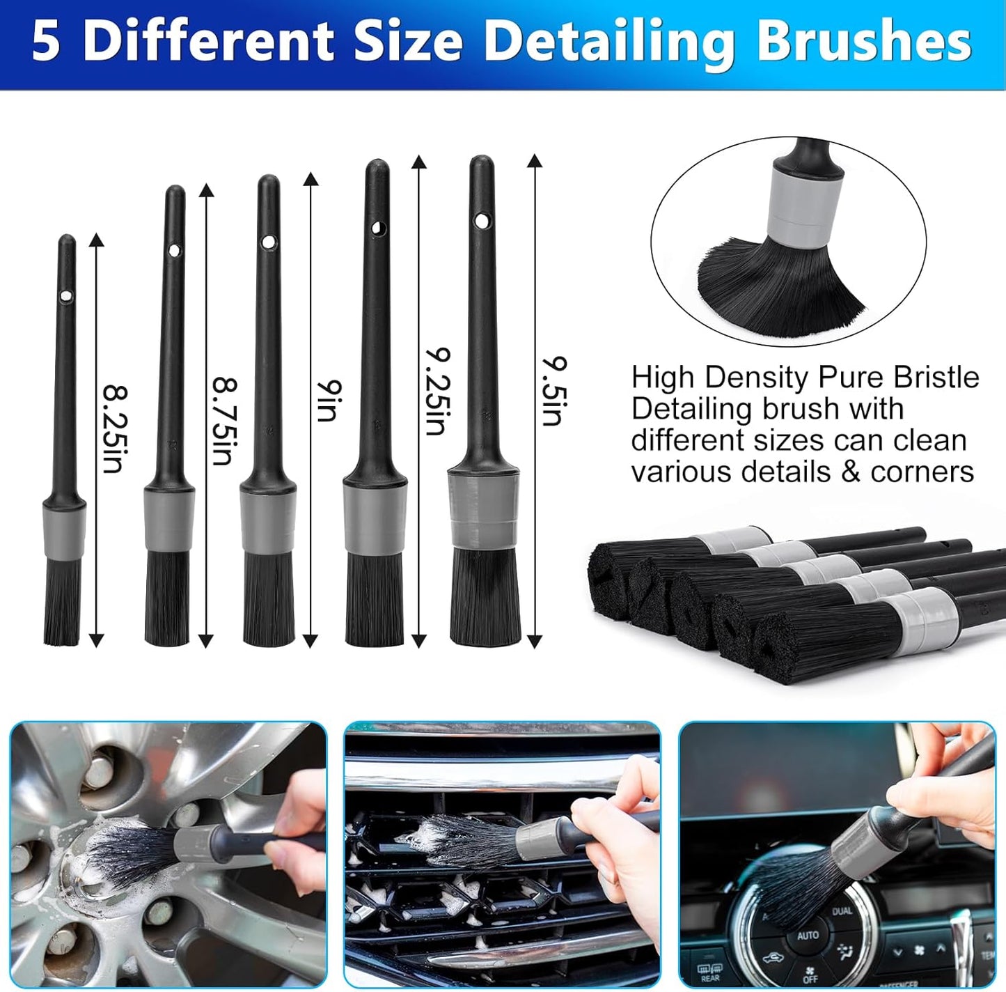 THINKWORK Windshield Cleaner Tool, Car Interior Cleaning Kit, Car Detailing Kit Interior Cleaner with10Pcs Detailing Brush Set, Gray Auto Detailing Supplies & Accessories