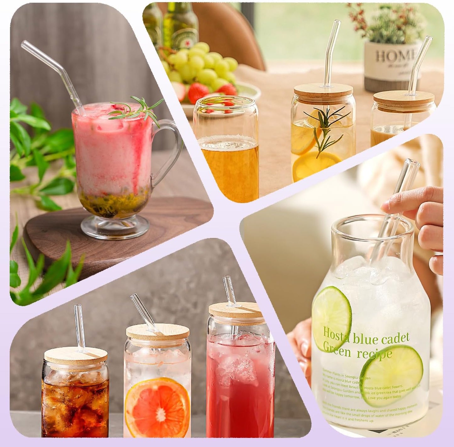 YOTIME 6-Pack Reusable Glass Straws Set, 8.5''x10MM, Set of 3 Straight and 3 Bent with 1 Silicone Cleaning Brush, Perfect for Smoothies, Juice, Milkshake and Coffee (Clear Straws, Pink Brush)