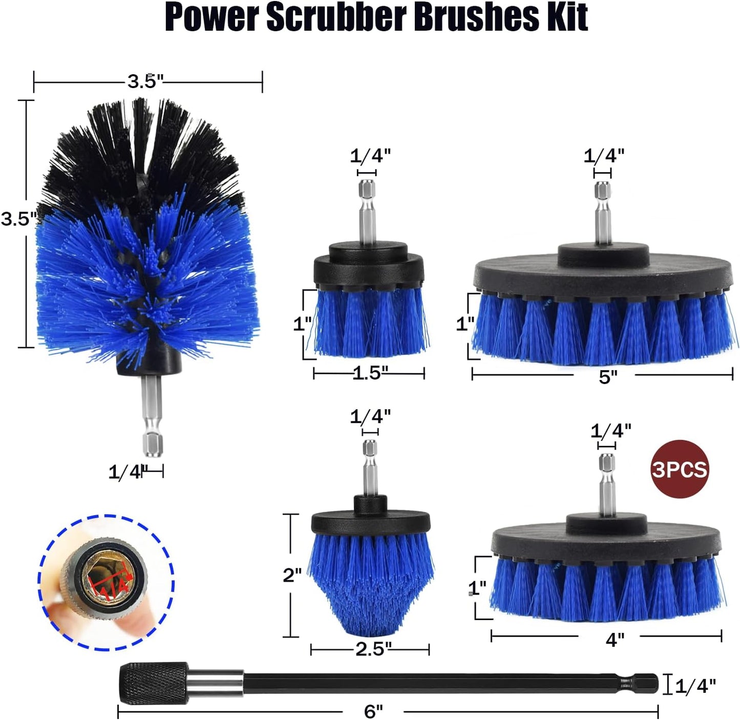 8 Pack Drill Brush Attachment Set,1/4in Power Scrubber Brush + Extend Long Rod, Power Cleaning Scrub Brush for Bathroom, Tub, Tile, Floor, Grout, Boat(White)