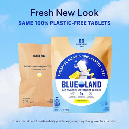 BLUELAND 100% Plastic-Free Dishwasher Detergent Tablets, 60 Count, Free & Clear, Eco-Friendly Dishwashing Pods, Natural, USDA Certified biobased