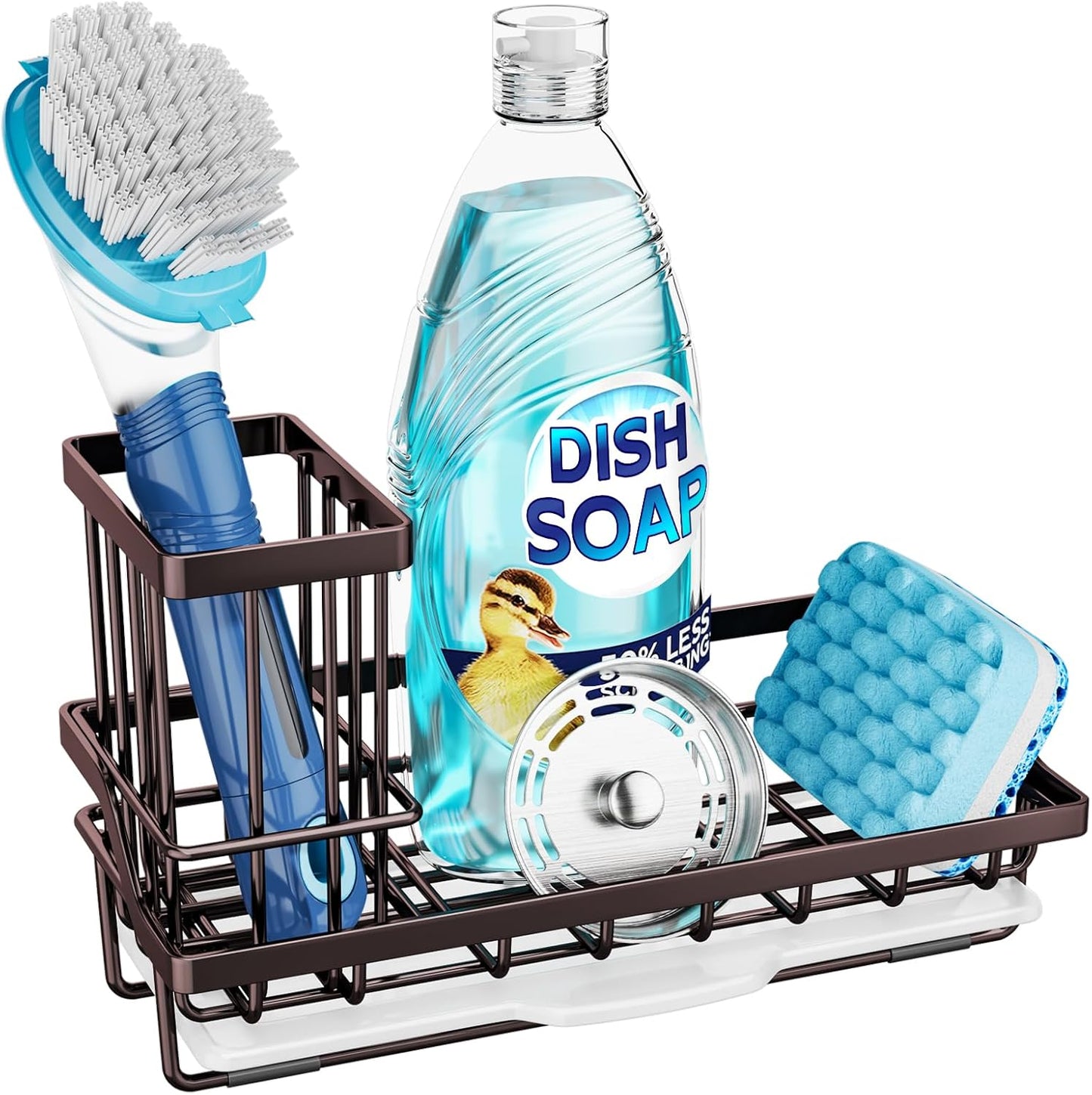 Consumest Sink Caddy, Kitchen Sponge Holder with Dish Brush Holder, Kitchen Organizer with Drip Tray for Countertop, Stainless Steel Rustproof - Silver
