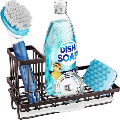Consumest Sink Caddy, Kitchen Sponge Holder with Dish Brush Holder, Kitchen Organizer with Drip Tray for Countertop, Stainless Steel Rustproof - Silver