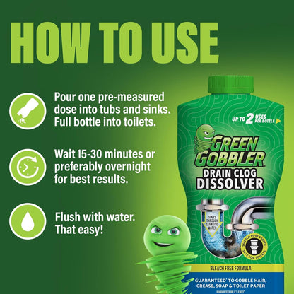 Green Gobbler Drain Clog Dissolver, Drain Opener-Cleaner ,Toilet Clog Remover, 31 oz