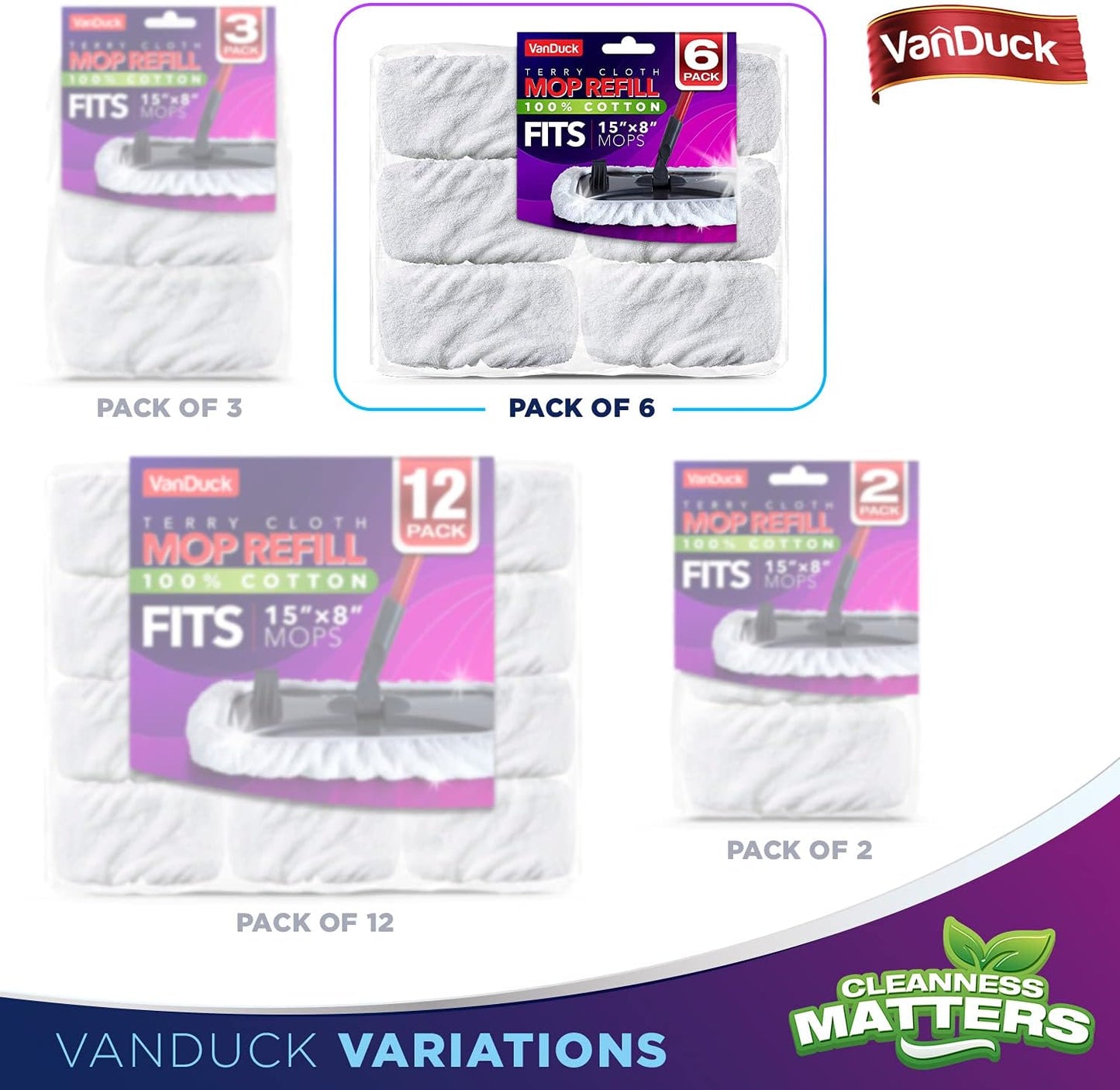 VanDuck 100% Cotton Terry Cloth Mop Pads 15x8 Inch 6-Pack (Handle is Not Included)