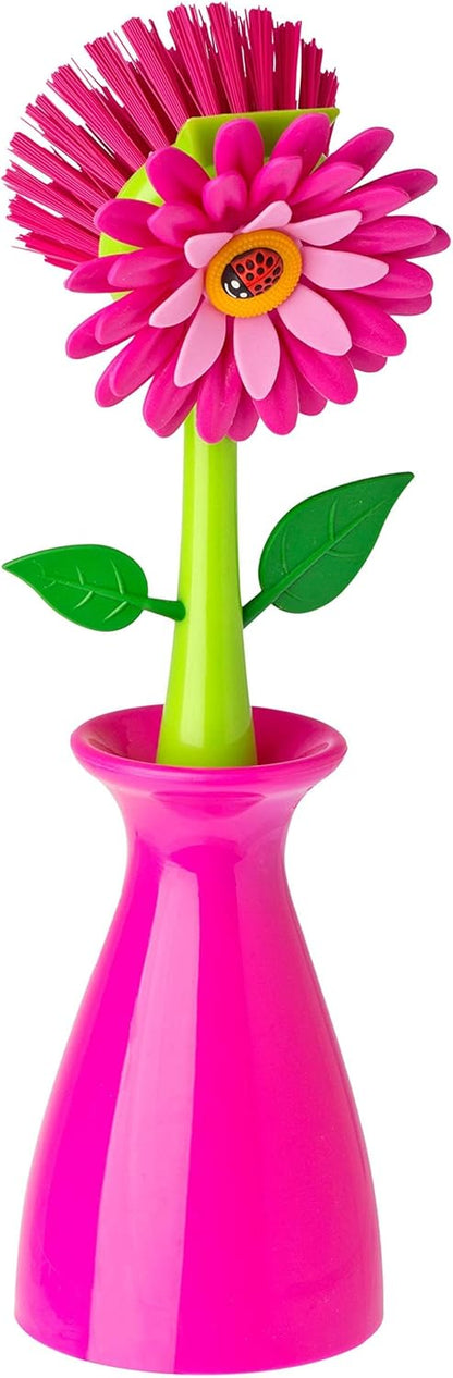 Vigar Flower Power Dish Brush with Handle and Vase Dish Brush Holder, Kitchen Scrub Brush for Pot Scrubber, Dishes, and Sink Cleaning, Pink, Green