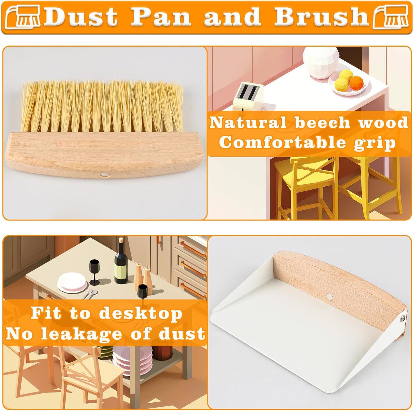 Small Dust Pan and Brush Set, Mini Hand Broom and Dustpan Set, Wooden Crumb Sweeper for Home Desktop, Sofa, Pet Care Household (Black)