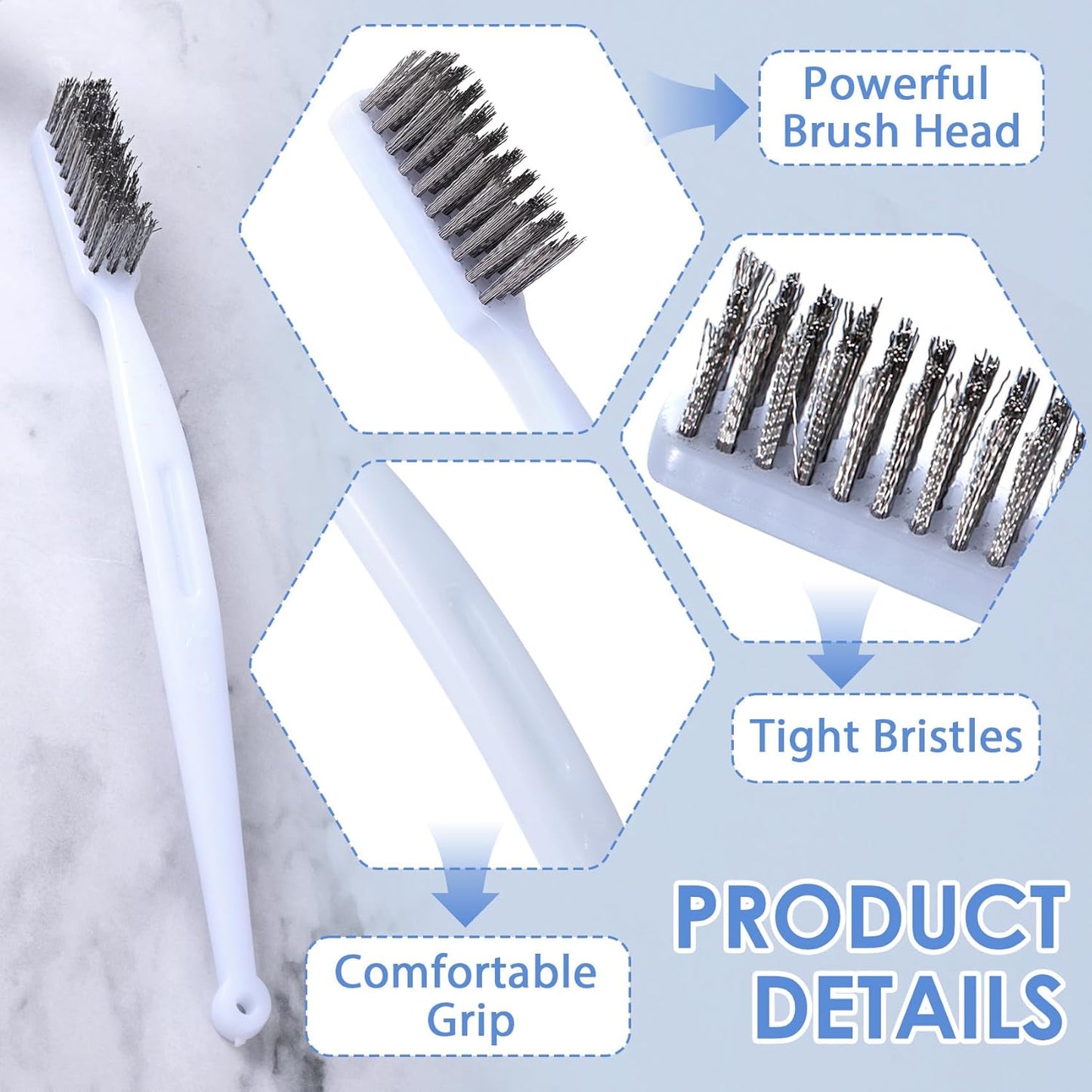 6pcs Mini Stainless Steel Wire Brushes, Small Wire Scratch Brushes with Non-Slip Handle, Bristle Scrubber Rust Removal Tools for Cleaning Kitchen Steel Part Paint Stains Welding- White